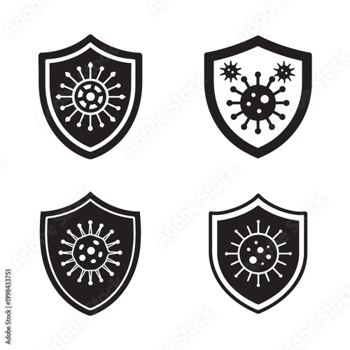 Black and white shield icons with virus symbols representing protection and immunity against diseases and infections prevention  health and safety concept