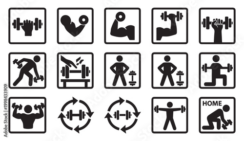 Weightlifting gym exercise and bodybuilding fitness icon collection