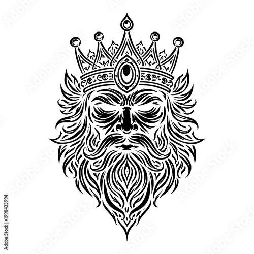 A detailed illustration of a king's face wearing a crown with a long beard and flowing hair