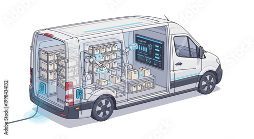 Automated delivery van with robotic cargo handling and smart logistics display.