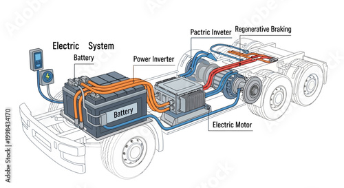 Schematic diagram of an electric truck chassis showing internal motor and battery components.