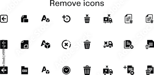 Remove icons set, delete, clear, undo, document remove symbols, minimalist UI interface elements collection – vector illustration