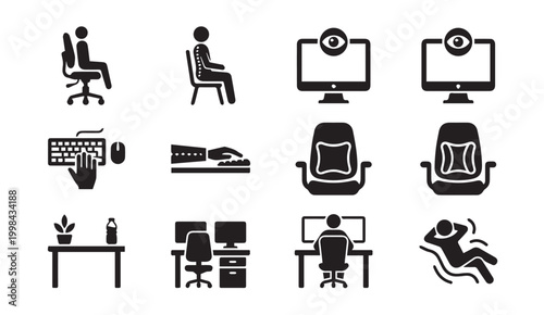 Ergonomic office workstation posture and desk setup icon set with ergonomic