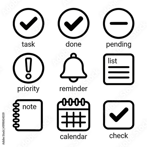 A set of task management icons depicting checkmarks, reminders, and priorities on a digital interface for organization.