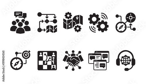 Teamwork strategy global navigation and support business icon set with teamwork
