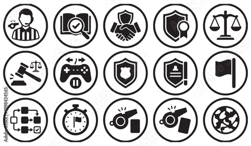 Fair play rules law and sports officiating circular icon collection