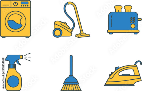 Colorful cartoon illustration of household cleaning appliances and tools for a spotless home environment