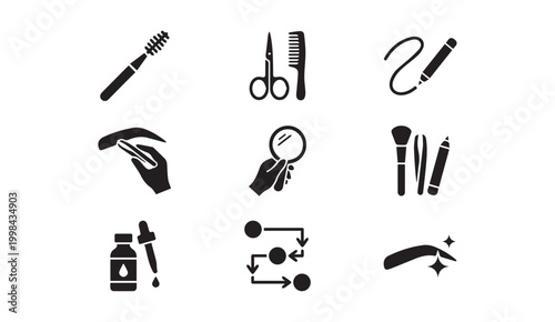 Beauty and makeup grooming glyph icons set with cosmetic grooming scissors