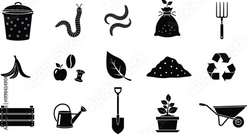 Set of black icons for composting and gardening with worms tools and organic waste items