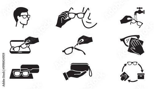 Eyeglasses maintenance and vision care glyph icons with spectacles, maintenance