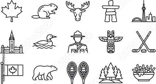 Canada icons set canadian symbols and landmarks vector illustrations maple leaf, beaver, moose, inuksuk, cn tower, hockey
