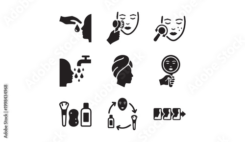Daily skincare routine and facial care icons set with skincare, treatment