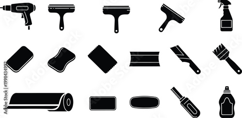 Set of black construction tools and cleaning supplies icons for home renovation projects