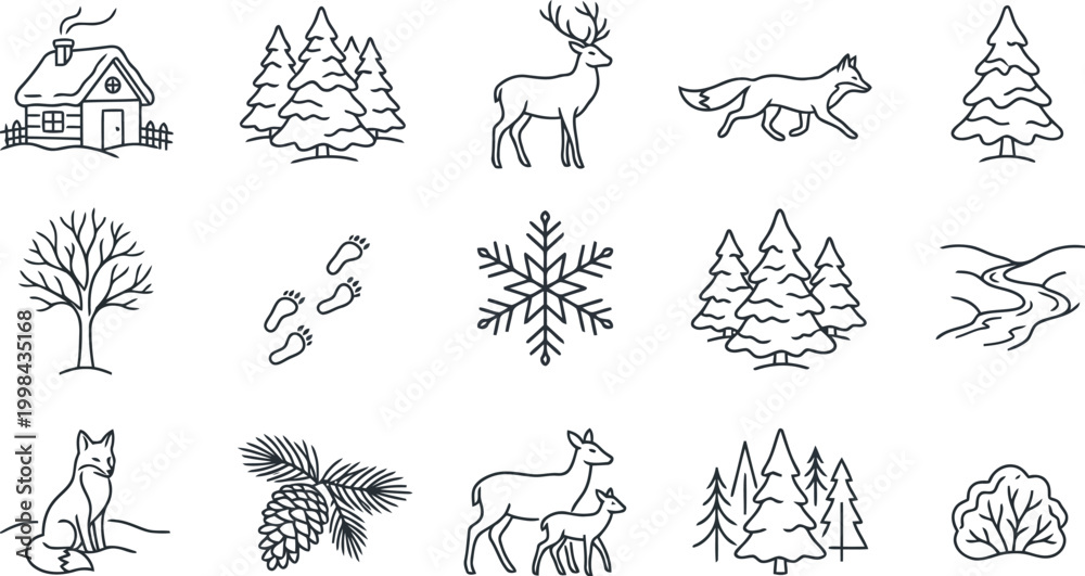 Obraz premium Winter forest and wildlife line art icons set
