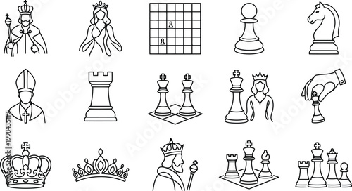 Chess pieces and royal figures vector line art set game strategy, king, queen, bishop, rook, knight, pawn, and crowns
