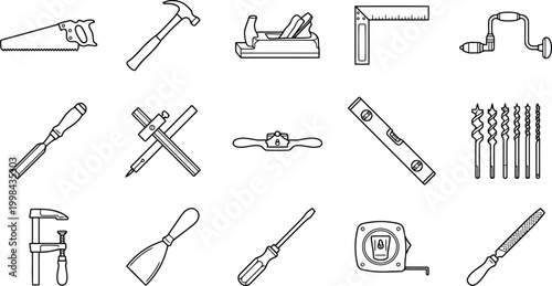 Set of various woodworking hand tools in line art style