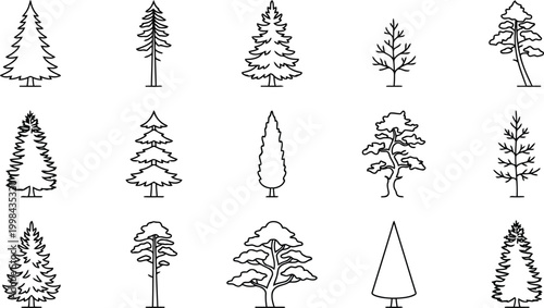 Set of diverse outline tree icons and illustrations, featuring various coniferous and deciduous tree shapes