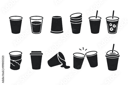 Diverse collection of disposable cups in various states of use and abuse depicted in motion graphics video footage