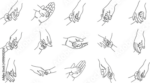 Set of continuous line drawing of adult hand holding baby hand
