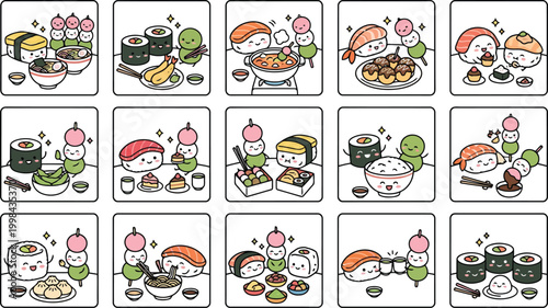 Set of cute cartoon japanese food characters, including sushi, ramen, takoyaki, and mochi