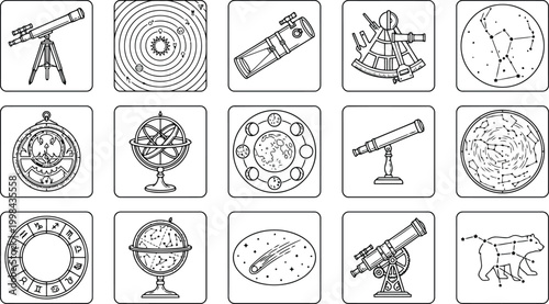 Astronomy and space exploration line art icons set