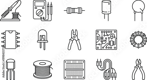 Set of electronic components and tools icons, including soldering iron, multimeter, resistor, capacitor, circuit board, and pliers