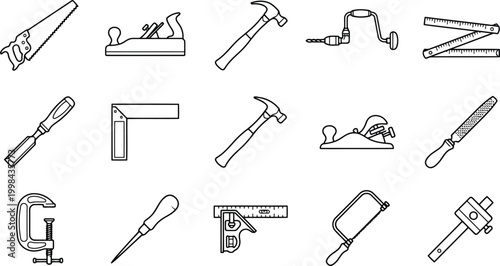 Set of hand tools for woodworking and carpentry, including saws, hammers, planes, chisels, and measuring instruments in line art style