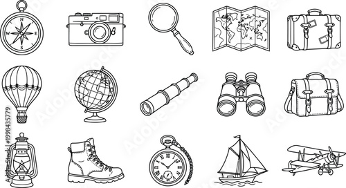Set of travel and adventure icons, handdrawn elements for exploration and tourism