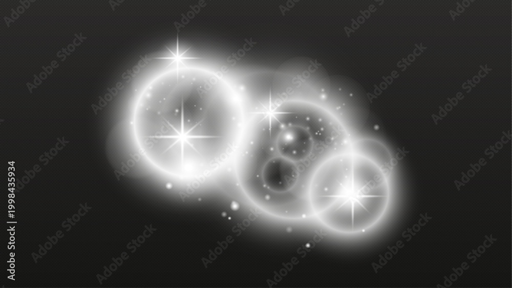 Fototapeta premium Glowing Luminous Rings of Different Sizes with Bright Star Sparkles Inside, Soft Mist and Scattered Particles on Dark Transparent Background. Vector Design Element.
