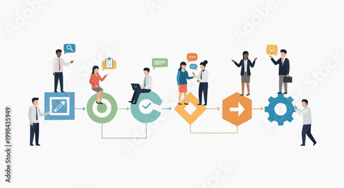 Vector illustration of business people and teams with speech bubbles in different situations representing social communication and network connection icons for unity and teamwork design concepts