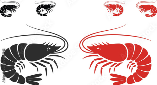 Shrimp silhouette collection, seafood icons set, detailed prawn illustrations, black and red variations, marine animal design – vector illustration