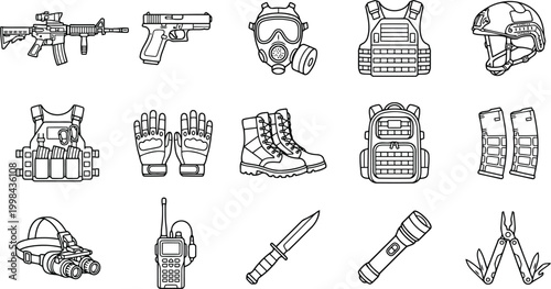 Set of military equipment icons, tactical gear, weapons, and survival tools