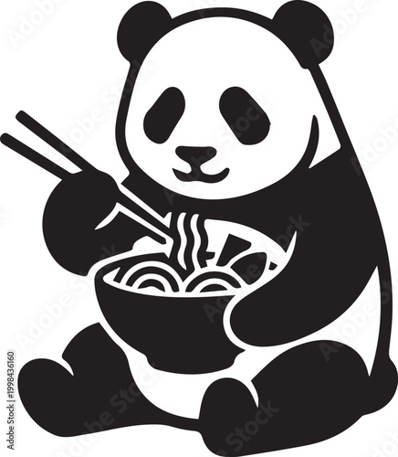 Panda Bear Eating Ramen Noodles Silhouette Vector