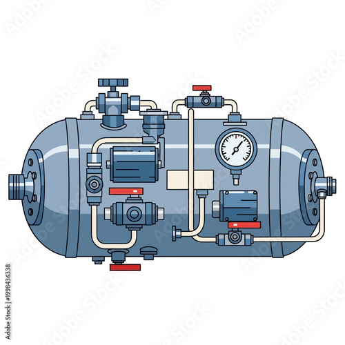 Industrial Air Compressor Tank with Valves, Gauges, and Pipes - Technical Illustration