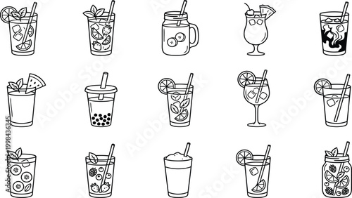 Set of refreshing summer drinks and cocktails icons, vector illustration of various beverages with fruits, berries, ice cubes and straws