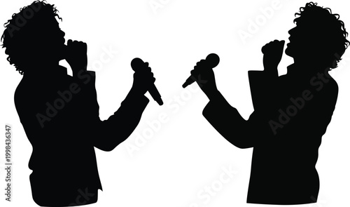 Singer silhouette set with microphone, vocal performance poses, music concert artist illustration, black outline stage concept – vector illustration