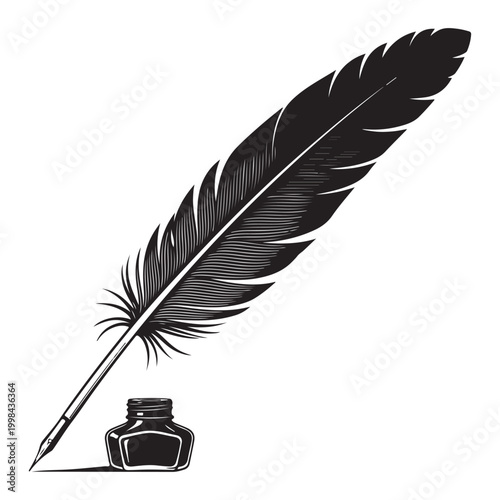 Vintage quill pen and inkwell illustration isolated on white background