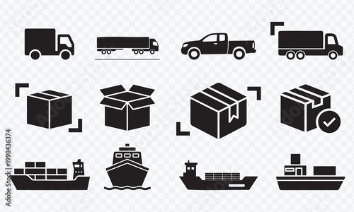 Logistics and Shipping Icon Set with Trucks, Cargo Boxes and Cargo Ships (Flat Black Vector Style)