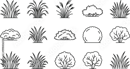 Set of various bushes and grass icons, vector illustration of garden plants and shrubs