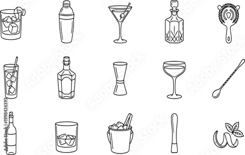 Set of bar tools and cocktail accessories, hand drawn doodle style vector illustration