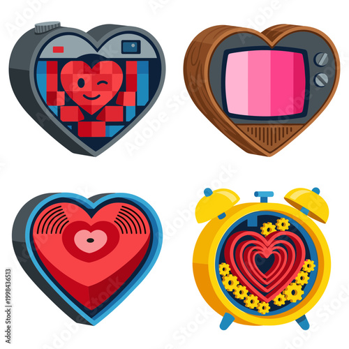 Heart Shaped Electronic Devices and Gadgets Set with Retro TV, Camera, Alarm Clock and Robot Vacuum Cleaner Concept Vector Illustration