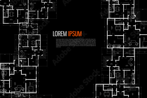 Architectural background. Building construct plan. Interior design sketch draw. Home floor architect pattern. Office reconstruction project. Abstract technology illustration. Vector blueprint.