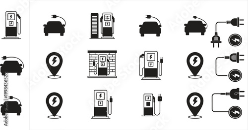 Electric vehicle charging station icons silhouette collection