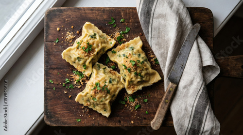 Swabian Maultaschen Dumplings with Parsley on Rustic Wooden Board