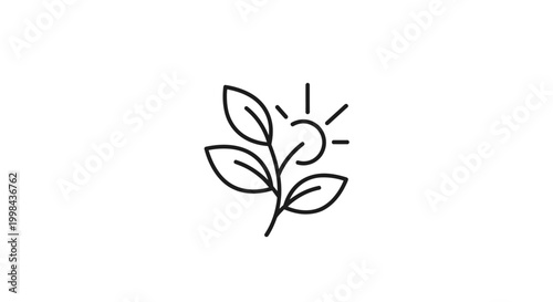 Minimalist line art of a sun rising behind a sprouting plant, symbolizing growth and nature.