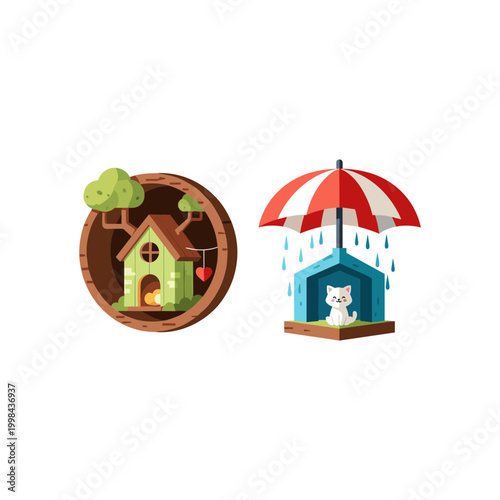 Cozy Pet Shelters and Homes Concept with Tree House and Cat Under Umbrella in the Rain, Vector Icons Symbolizing Safety Warmth and Animal Protection