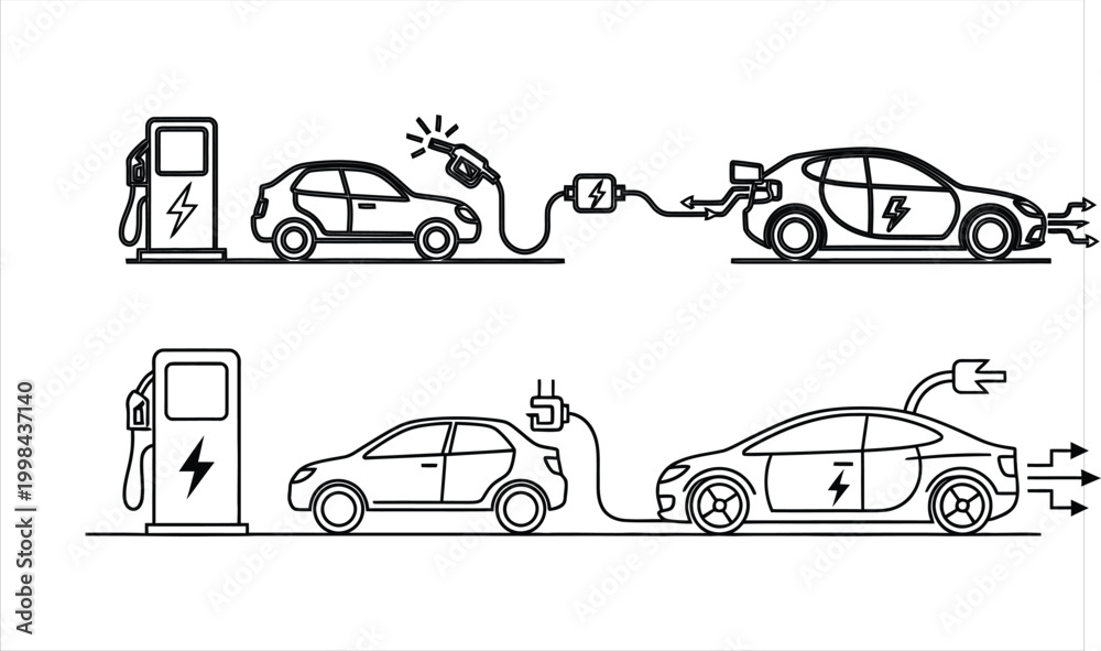 Fototapeta premium Electric vehicle charging sketch of cars at charging stations silhouette