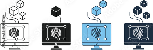 Vector icon set of 3D modeling software on computer monitor showing digital cube design for engineering technology and creative architecture