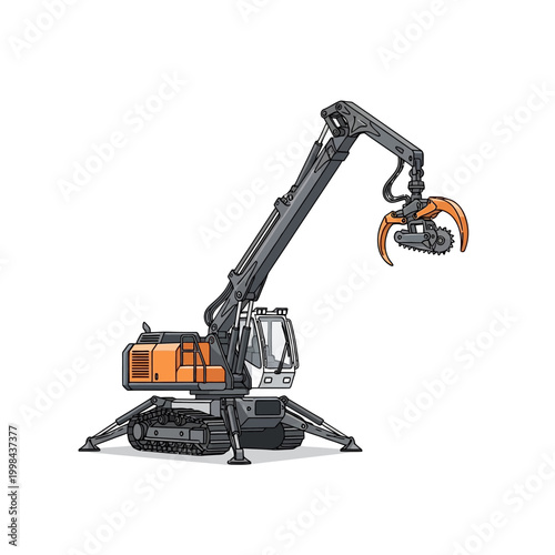 Industrial grapple loader crane with claw arm, forestry machinery, construction equipment, isolated on white