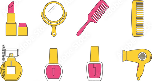 A vibrant collection of beauty and cosmetic products including makeup hair tools and fragrances arranged in a colorful display